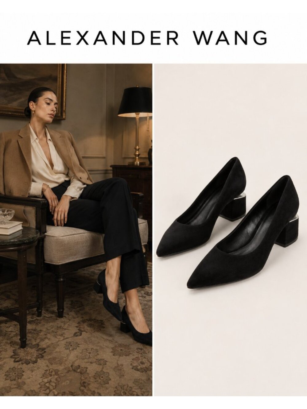 Alexander Wang Simona Black Suede Pointed Toe Cutout Block Heel Pumps EU39/US8.5
